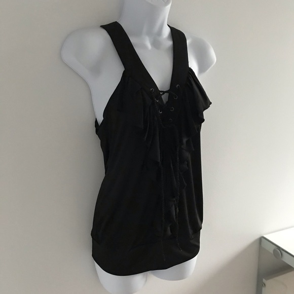 NWOT XOXO Black Roped Criss Cross Ruffled Women’s Tank Top - Picture 4 of 11
